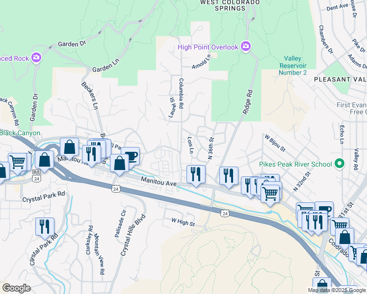 map of restaurants, bars, coffee shops, grocery stores, and more near 217 Columbia Road in Colorado Springs