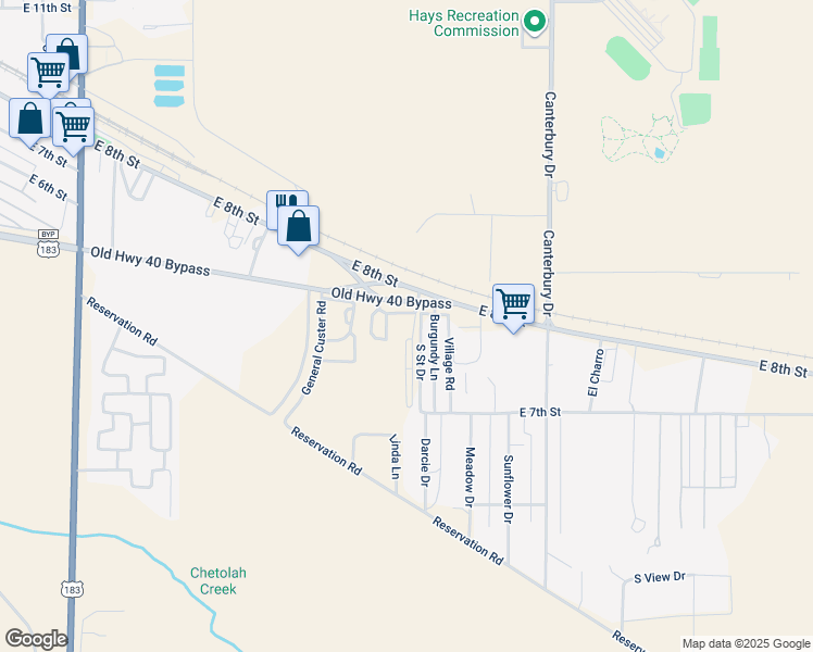 map of restaurants, bars, coffee shops, grocery stores, and more near 1720 East US Highway 40 Bypass in Hays