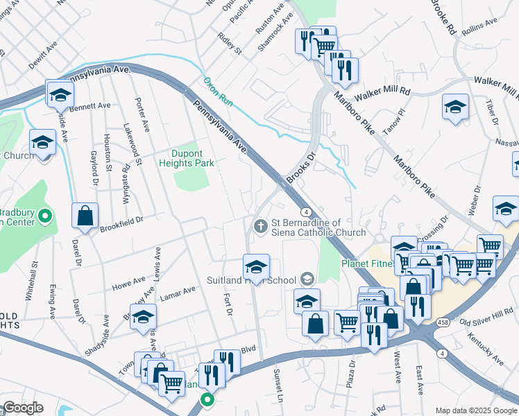 map of restaurants, bars, coffee shops, grocery stores, and more near 2319 Brooks Drive in Hillcrest Heights