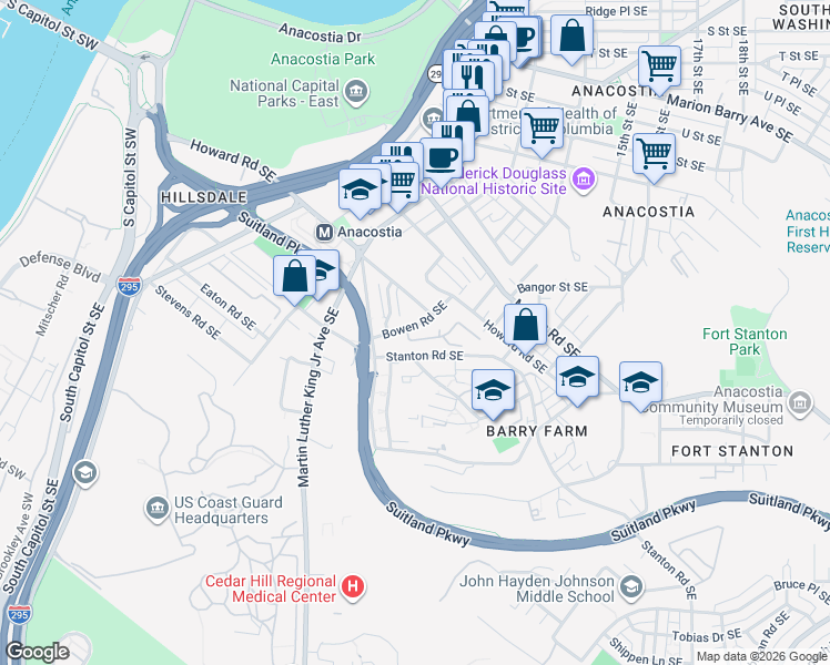 map of restaurants, bars, coffee shops, grocery stores, and more near 2607 Bowen Road Southeast in Washington