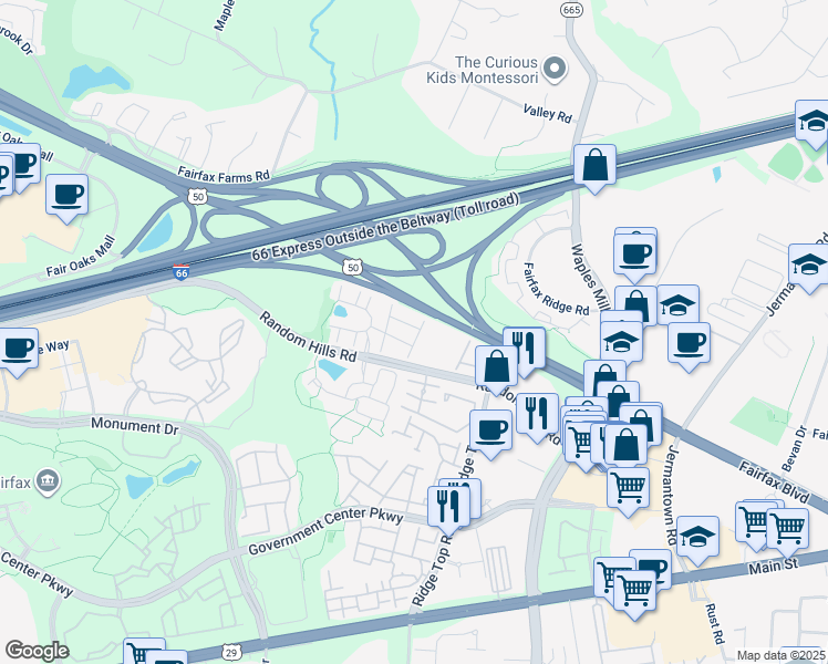 map of restaurants, bars, coffee shops, grocery stores, and more near 4036 Werthers Court in Fairfax