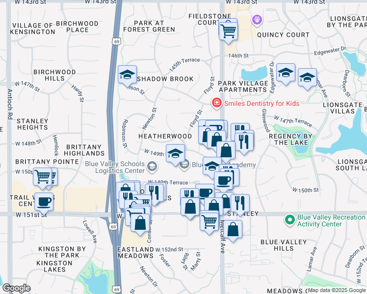 map of restaurants, bars, coffee shops, grocery stores, and more near 7600 West 149th Street in Overland Park