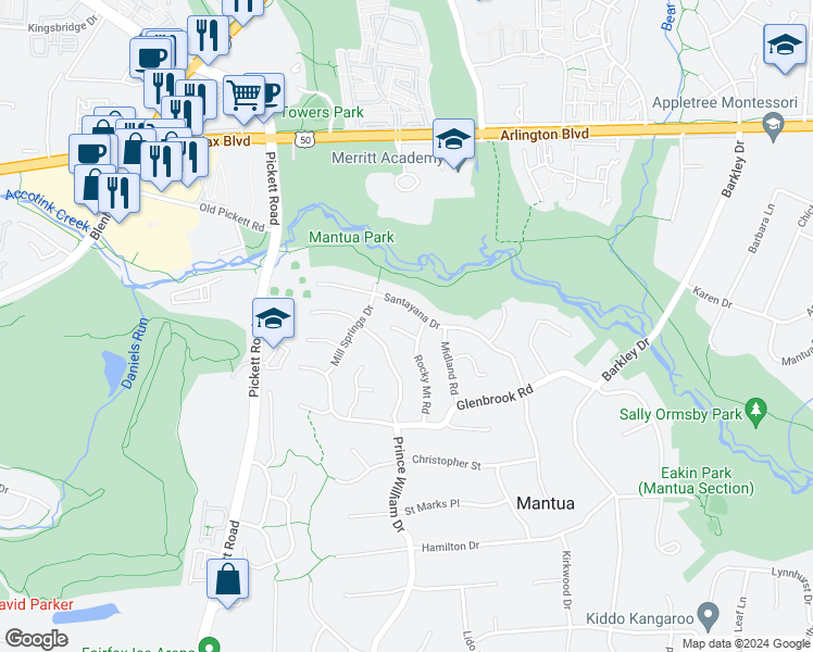 map of restaurants, bars, coffee shops, grocery stores, and more near 9232 Chapel Hill Terrace in Fairfax