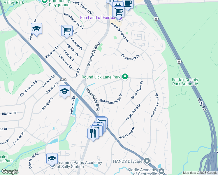 map of restaurants, bars, coffee shops, grocery stores, and more near 5411 Sour Gum Drive in Centreville