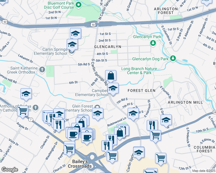 map of restaurants, bars, coffee shops, grocery stores, and more near 613 South Carlin Springs Road in Arlington