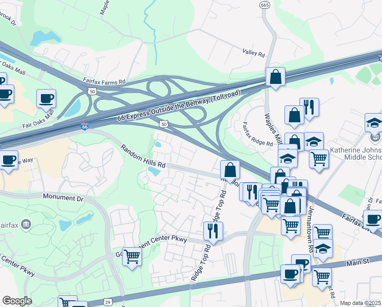 map of restaurants, bars, coffee shops, grocery stores, and more near 4036 Werthers Court in Fairfax