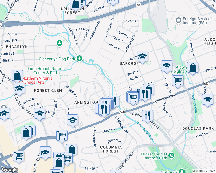 map of restaurants, bars, coffee shops, grocery stores, and more near 802 South Arlington Mill Drive in Arlington