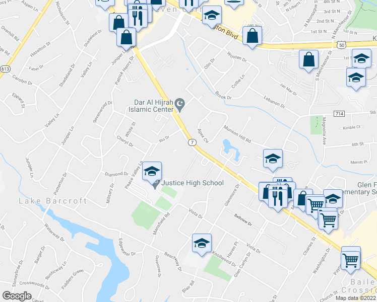map of restaurants, bars, coffee shops, grocery stores, and more near 6133 Virginia 7 in Falls Church