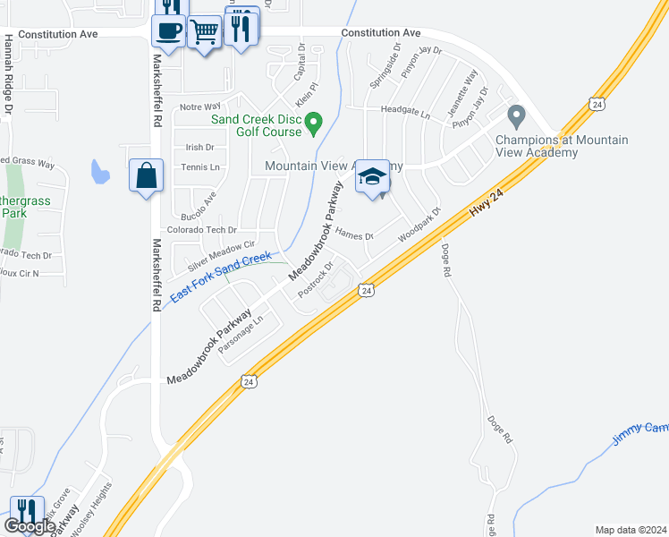 map of restaurants, bars, coffee shops, grocery stores, and more near 1856 Reilly Grove in Colorado Springs