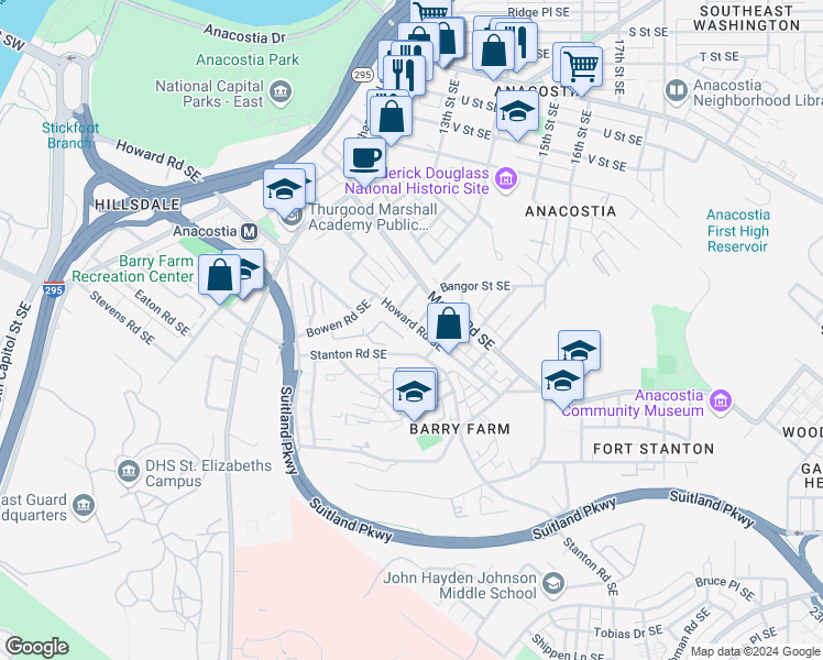 map of restaurants, bars, coffee shops, grocery stores, and more near 1419 Howard Road Southeast in Washington
