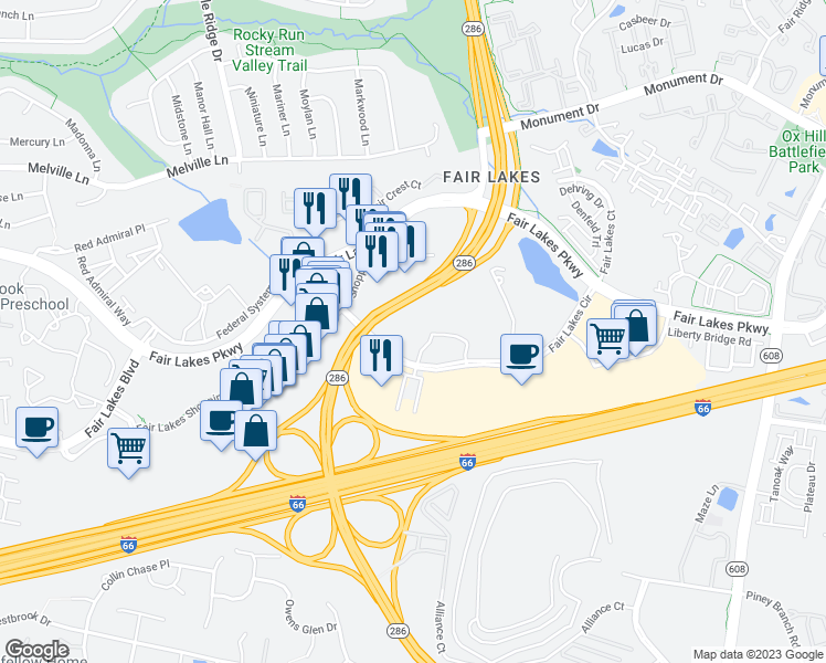 map of restaurants, bars, coffee shops, grocery stores, and more near 12738 Fair Lakes Circle in Fairfax