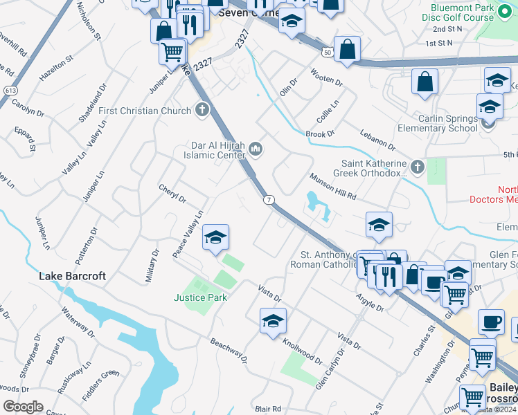 map of restaurants, bars, coffee shops, grocery stores, and more near 6133 Leesburg Pike in Falls Church