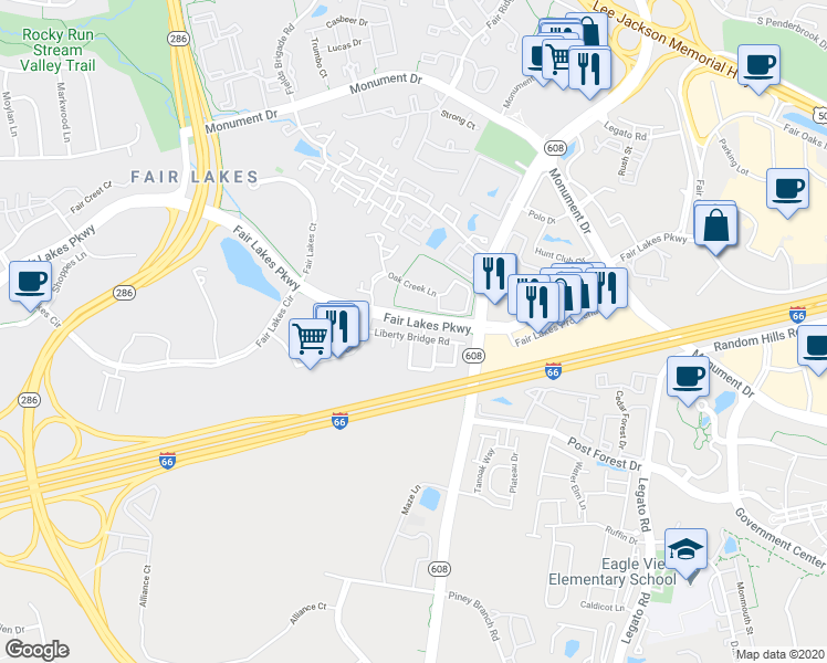 map of restaurants, bars, coffee shops, grocery stores, and more near 12440B Liberty Bridge Road in Fairfax
