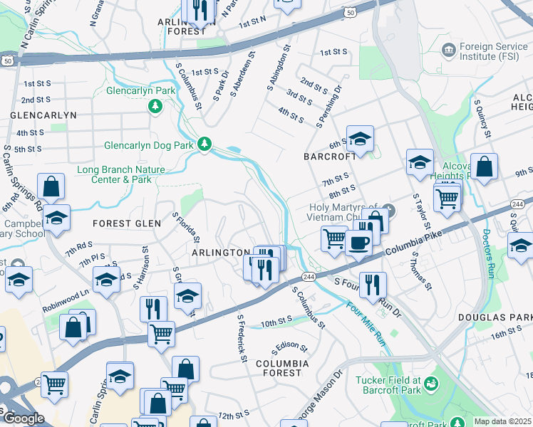 map of restaurants, bars, coffee shops, grocery stores, and more near 814 South Arlington Mill Drive in Arlington