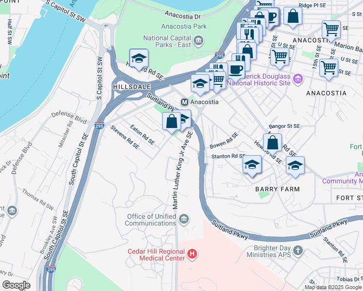 map of restaurants, bars, coffee shops, grocery stores, and more near 2605 Martin Luther King Junior Avenue Southeast in Washington