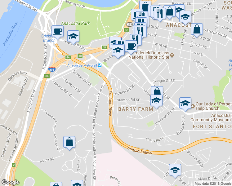 map of restaurants, bars, coffee shops, grocery stores, and more near 2510 Bowen Road Southeast in Washington