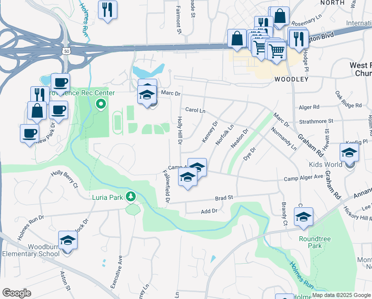 map of restaurants, bars, coffee shops, grocery stores, and more near 3248 Kenney Drive in Falls Church