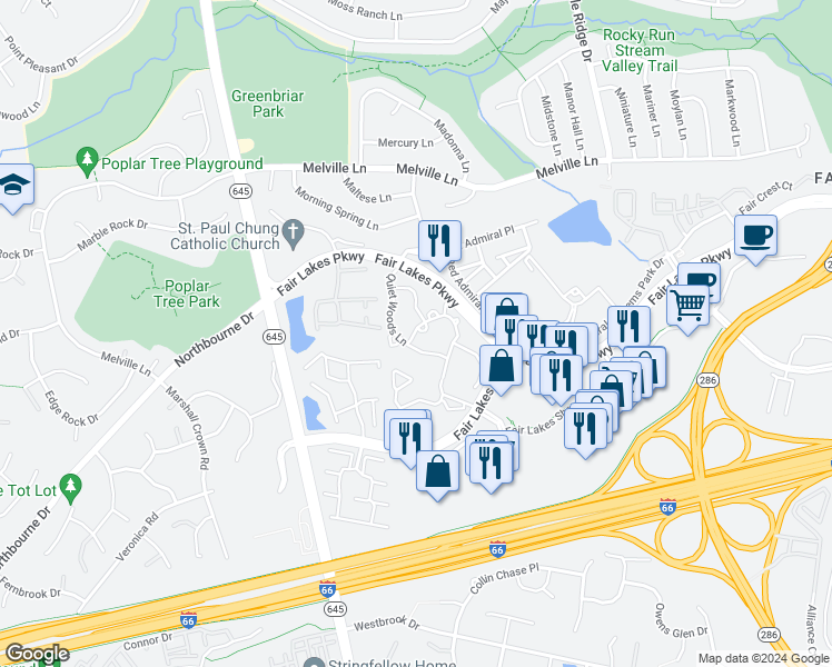 map of restaurants, bars, coffee shops, grocery stores, and more near 13199 Autumn Woods Way in Fairfax