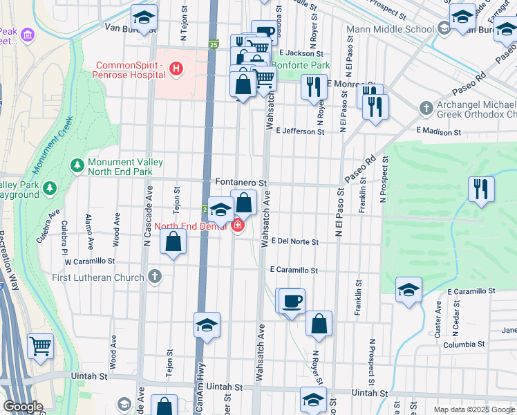 map of restaurants, bars, coffee shops, grocery stores, and more near 1732 North Wahsatch Avenue in Colorado Springs