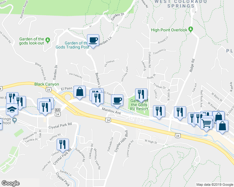 map of restaurants, bars, coffee shops, grocery stores, and more near 22 El Paso Boulevard in Manitou Springs