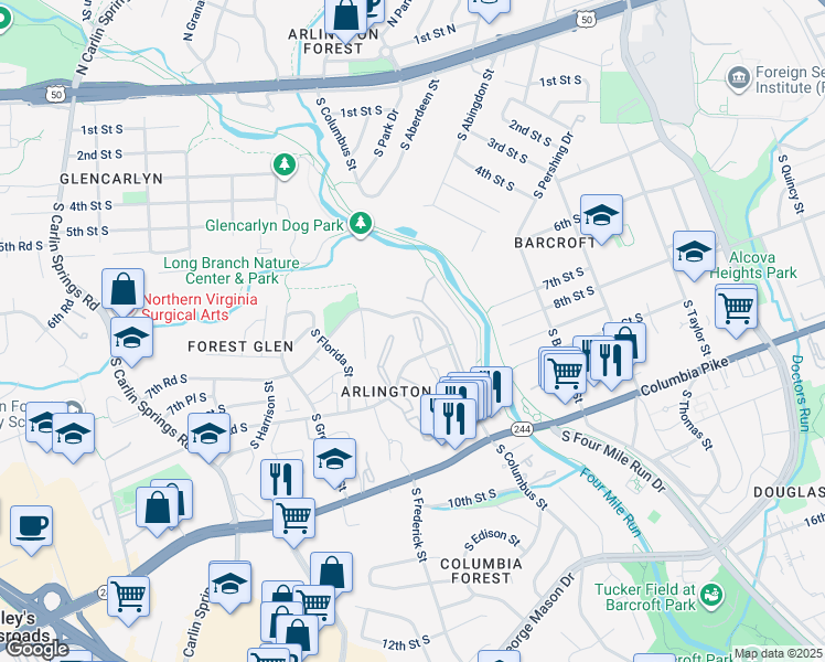 map of restaurants, bars, coffee shops, grocery stores, and more near 750 South Dickerson Street in Arlington