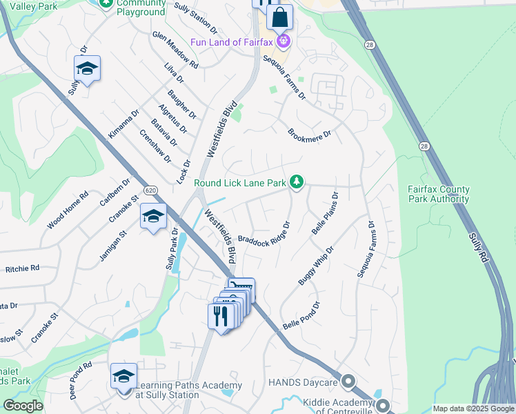 map of restaurants, bars, coffee shops, grocery stores, and more near 5411 Sour Gum Drive in Centreville