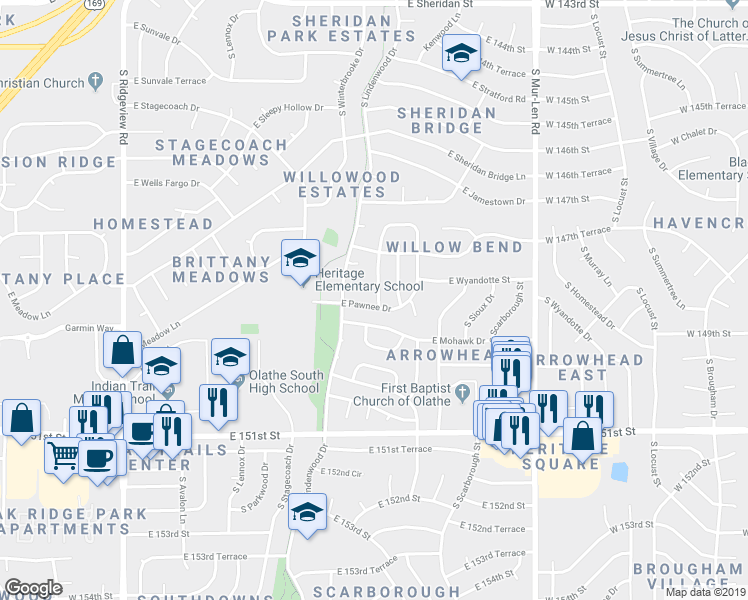 map of restaurants, bars, coffee shops, grocery stores, and more near 1437 South Tomahawk Lane in Olathe