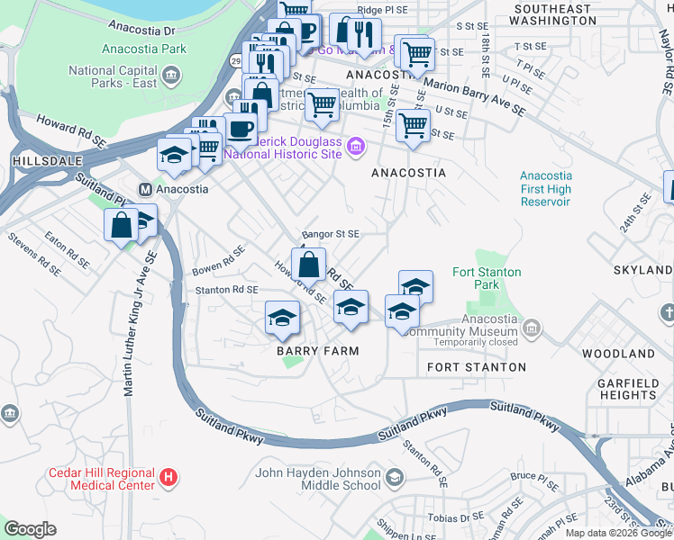 map of restaurants, bars, coffee shops, grocery stores, and more near 2350 Pitts Place Southeast in Washington