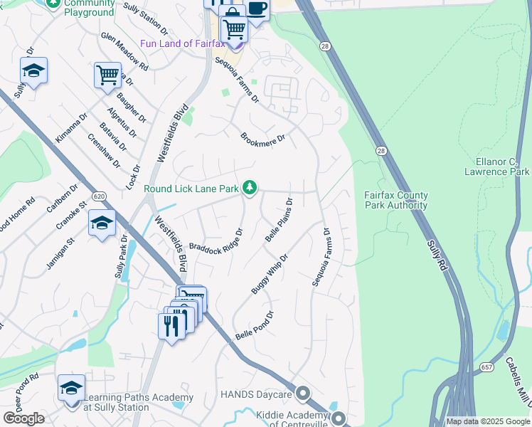 map of restaurants, bars, coffee shops, grocery stores, and more near 5209 Knoughton Way in Centreville