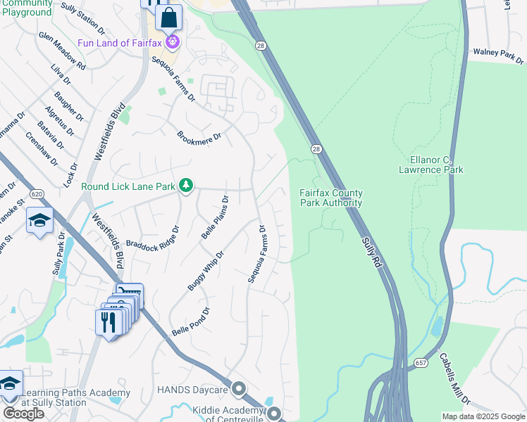 map of restaurants, bars, coffee shops, grocery stores, and more near 5401 Sequoia Farms Drive in Centreville