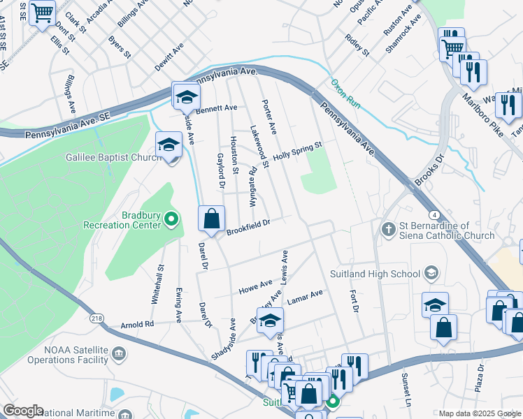 map of restaurants, bars, coffee shops, grocery stores, and more near 4655 Kendrick Road in Suitland-Silver Hill