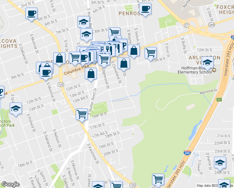 map of restaurants, bars, coffee shops, grocery stores, and more near 1401 South Edgewood Street in Arlington