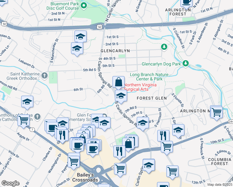 map of restaurants, bars, coffee shops, grocery stores, and more near 611 South Carlin Springs Road in Arlington