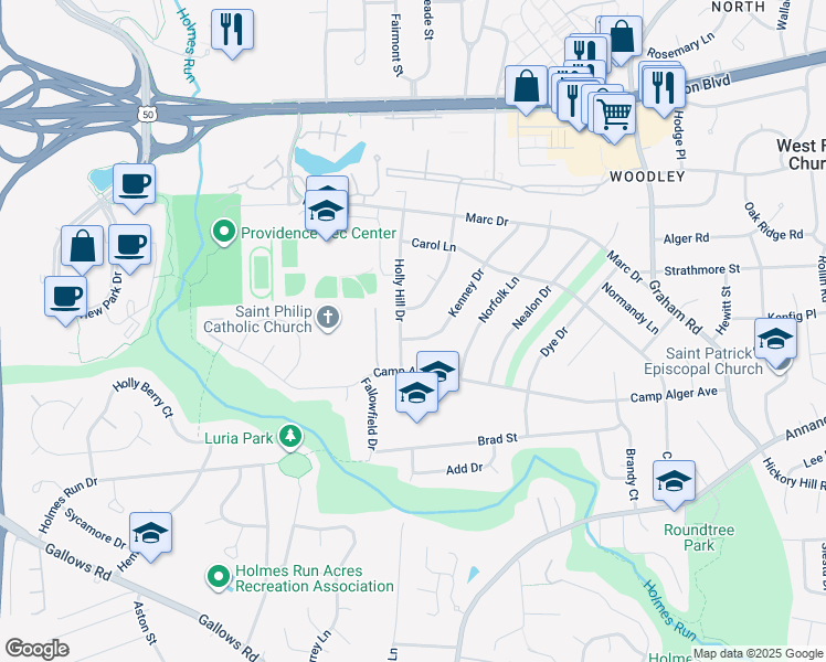 map of restaurants, bars, coffee shops, grocery stores, and more near 3248 Kenney Drive in Falls Church