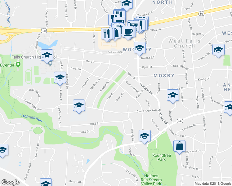 map of restaurants, bars, coffee shops, grocery stores, and more near 3219 Dye Drive in Falls Church