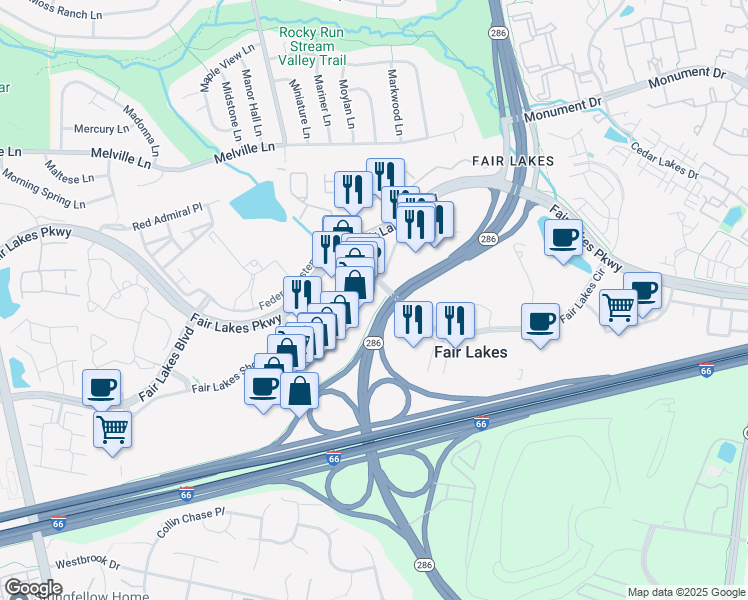 map of restaurants, bars, coffee shops, grocery stores, and more near 12957 Fair Lakes Shopping Center in Fairfax