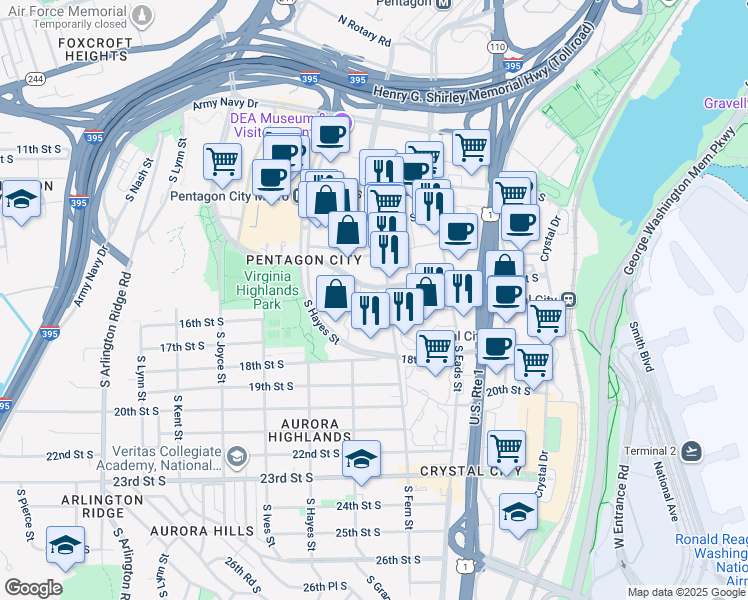 map of restaurants, bars, coffee shops, grocery stores, and more near 1500 South Fern Street in Arlington