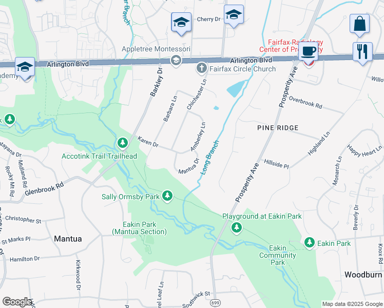 map of restaurants, bars, coffee shops, grocery stores, and more near 3225 Amberley Lane in Fairfax