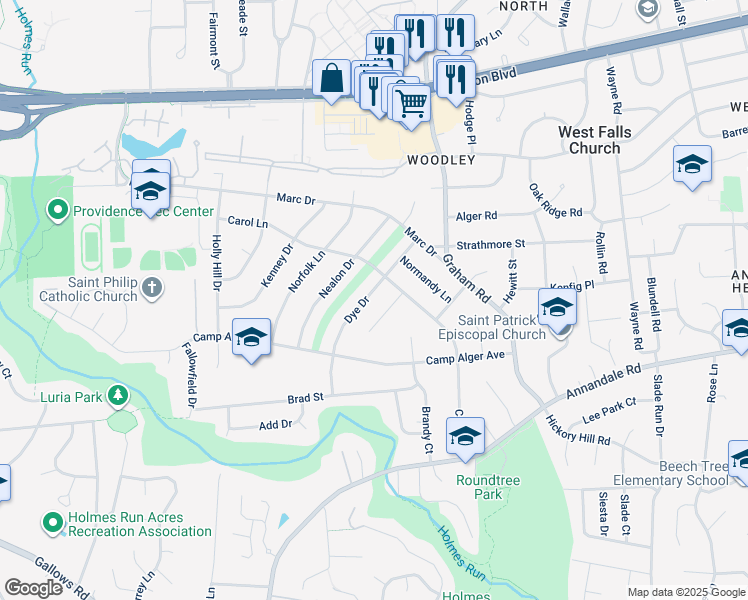 map of restaurants, bars, coffee shops, grocery stores, and more near 3219 Dye Drive in Falls Church