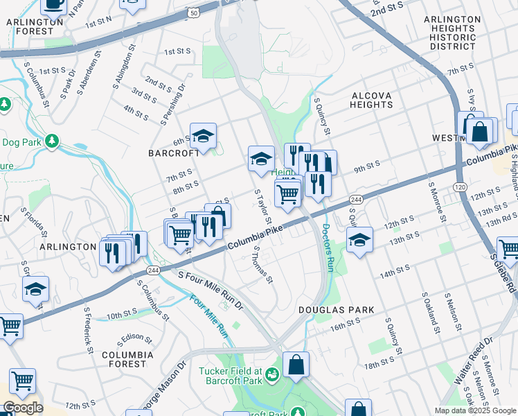 map of restaurants, bars, coffee shops, grocery stores, and more near 920 South Taylor Street in Arlington