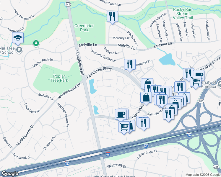 map of restaurants, bars, coffee shops, grocery stores, and more near 13109 Misty Glen Lane in Fairfax