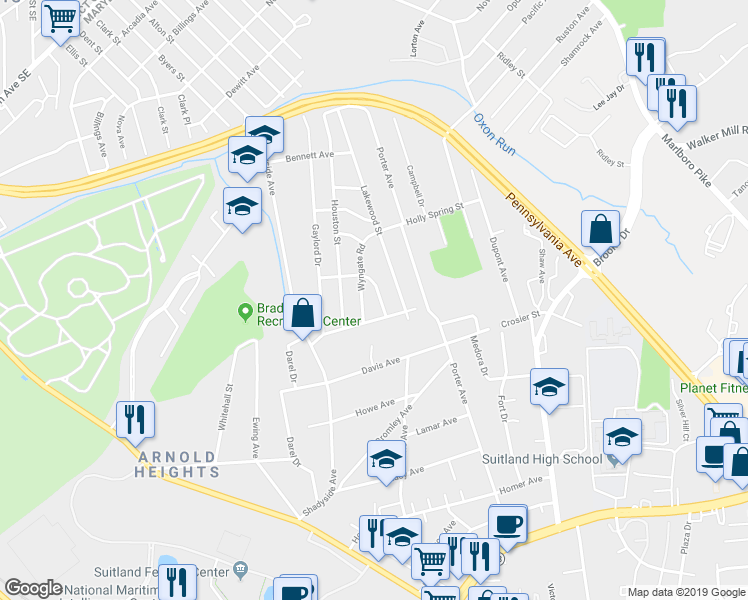 map of restaurants, bars, coffee shops, grocery stores, and more near 4655 Kendrick Road in Suitland-Silver Hill