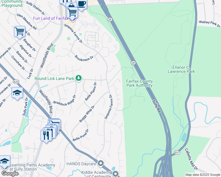map of restaurants, bars, coffee shops, grocery stores, and more near 5401 Sequoia Farms Drive in Centreville