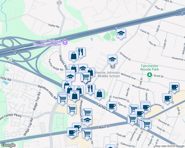 map of restaurants, bars, coffee shops, grocery stores, and more near 11100 Church Street in Fairfax