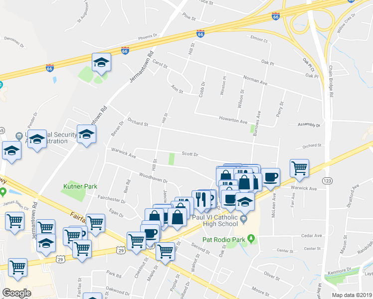 map of restaurants, bars, coffee shops, grocery stores, and more near 10808 Scott Drive in Fairfax