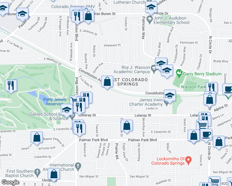 map of restaurants, bars, coffee shops, grocery stores, and more near 2210 East La Salle Street in Colorado Springs