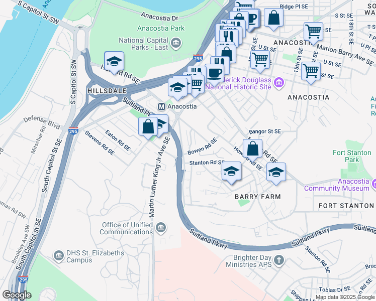 map of restaurants, bars, coffee shops, grocery stores, and more near 2510 Bowen Road Southeast in Washington
