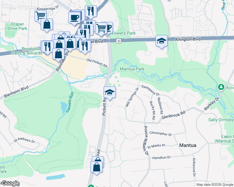map of restaurants, bars, coffee shops, grocery stores, and more near 9431 Silver King Court in Fairfax