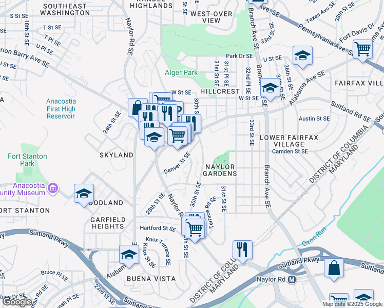 map of restaurants, bars, coffee shops, grocery stores, and more near 2907 Denver Street Southeast in Washington