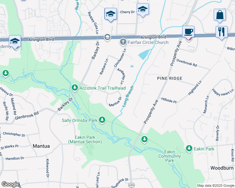 map of restaurants, bars, coffee shops, grocery stores, and more near 3225 Amberley Lane in Fairfax